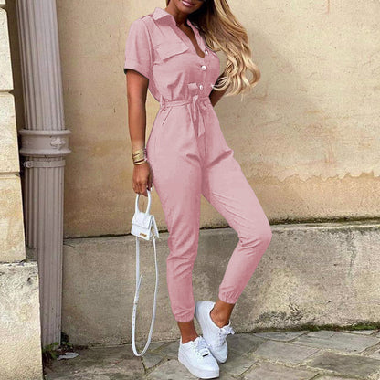 Women's Casual Button-Down Jumpsuit with Belt