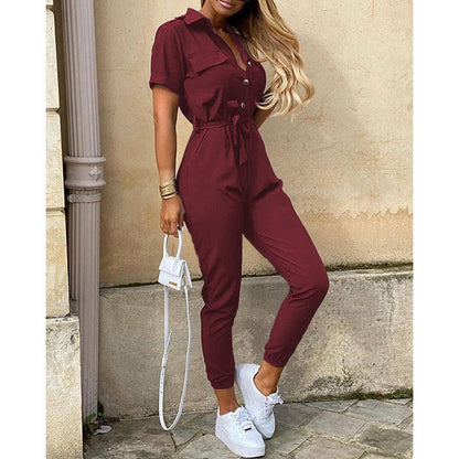 Women's Casual Button-Down Jumpsuit with Belt