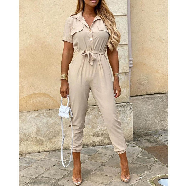Women's Casual Button-Down Jumpsuit with Belt