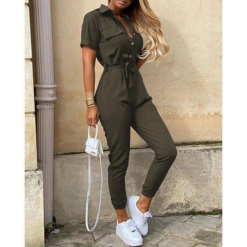 Women's Casual Button-Down Jumpsuit with Belt