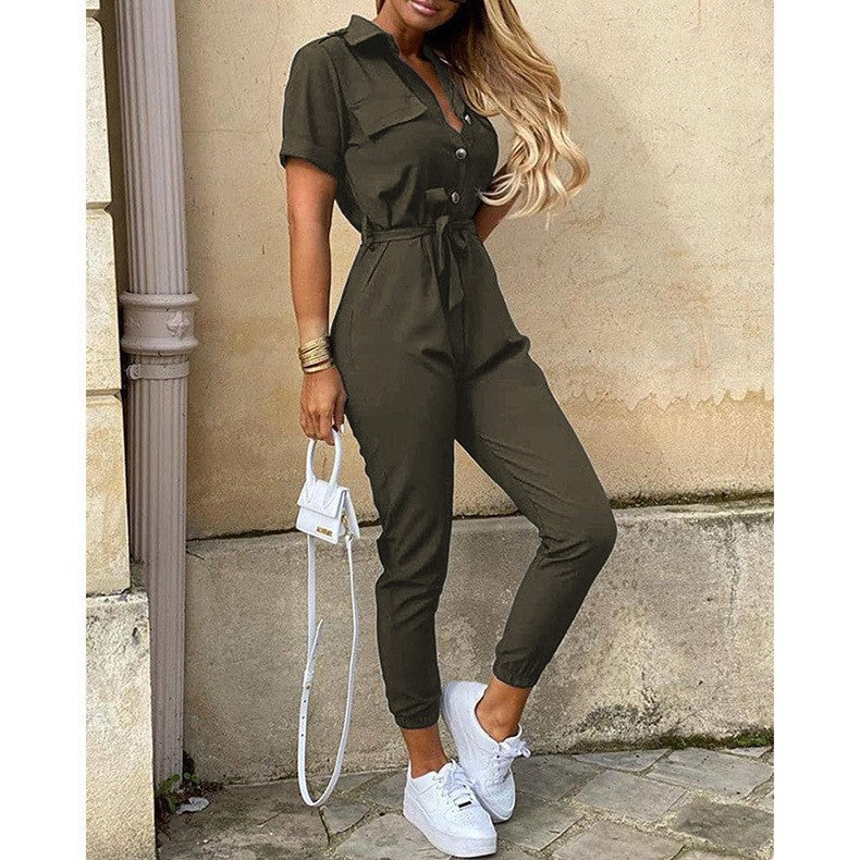 Women's Casual Button-Down Jumpsuit with Belt