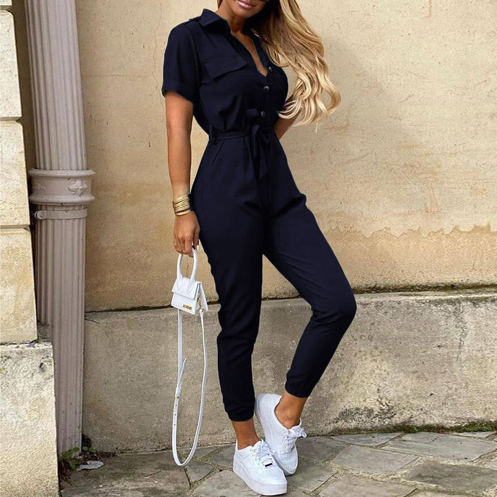 Women's Casual Button-Down Jumpsuit with Belt
