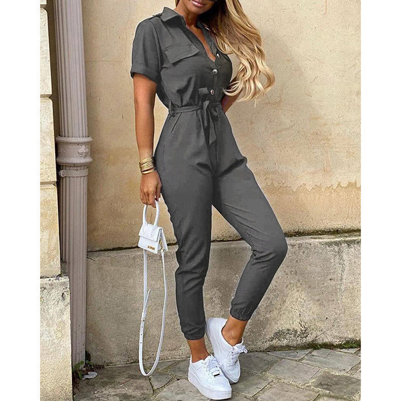 Women's Casual Button-Down Jumpsuit with Belt