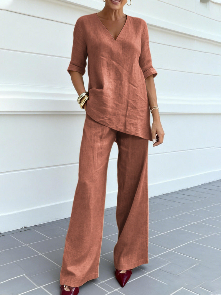 Women's Casual Cotton-Linen V-Neck Top and Pants Set