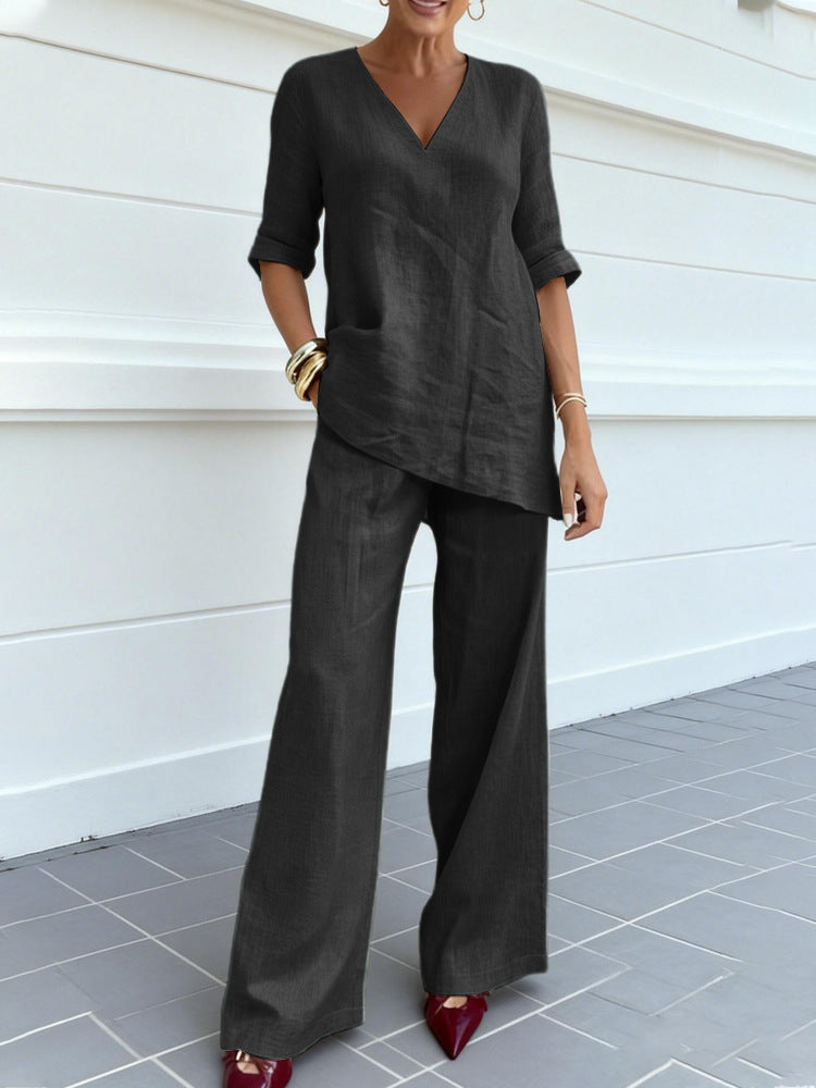 Women's Casual Cotton-Linen V-Neck Top and Pants Set
