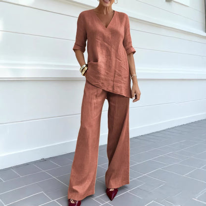 Women's Casual Cotton-Linen V-Neck Top and Pants Set