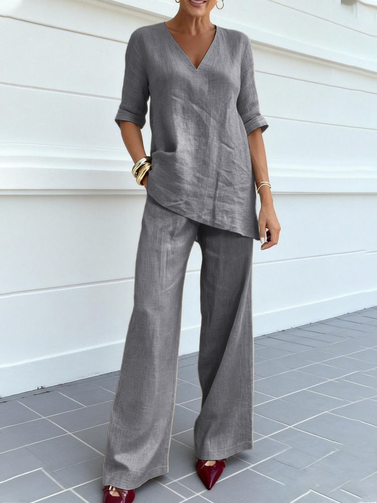 Women's Casual Cotton-Linen V-Neck Top and Pants Set