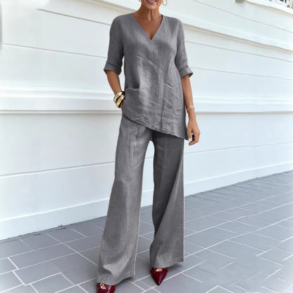 Women's Casual Cotton-Linen V-Neck Top and Pants Set