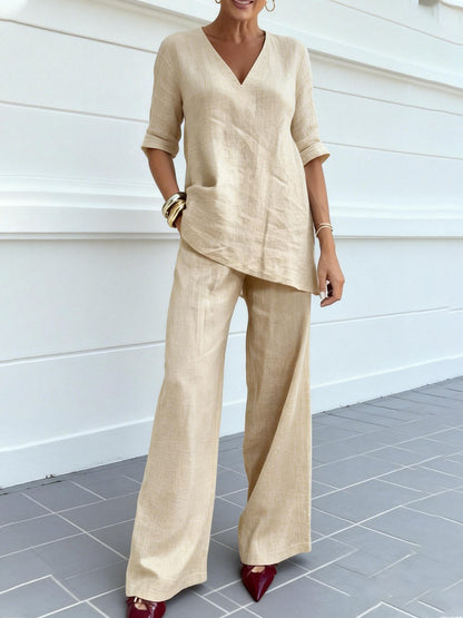 Women's Casual Cotton-Linen V-Neck Top and Pants Set