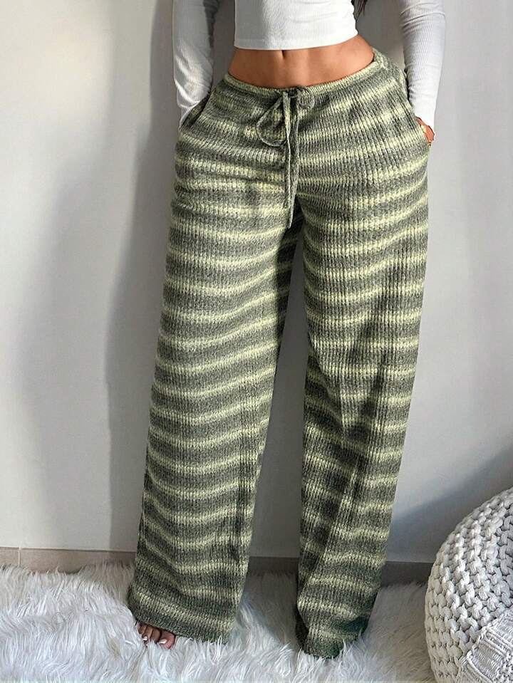 Women's Casual Drawstring Wide-Leg Striped Pants