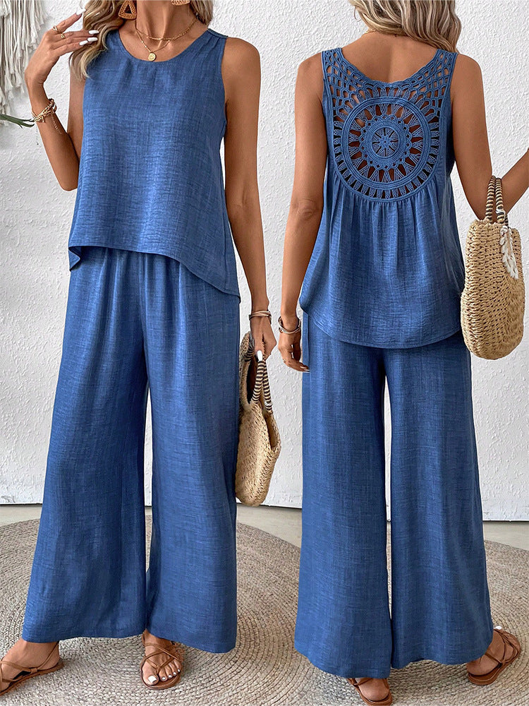 Women's Casual Hollow Lace Tank Top and Wide-Leg Pants Set