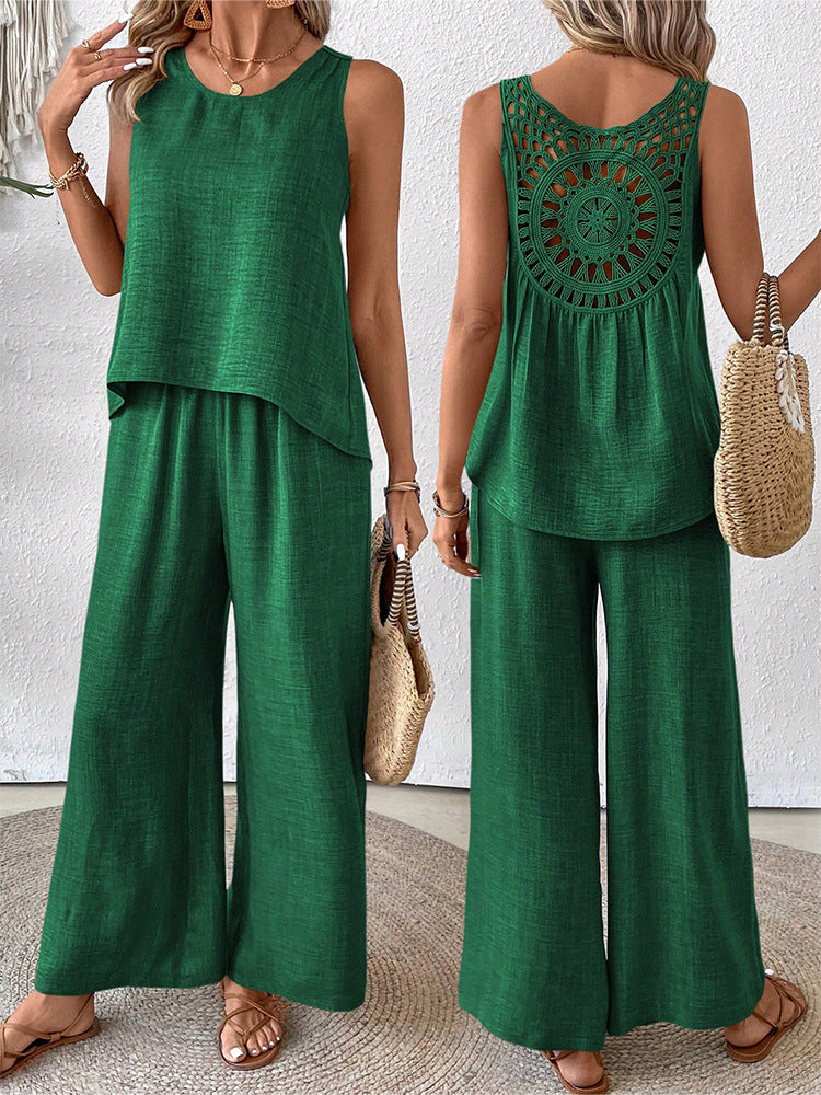 Women's Casual Hollow Lace Tank Top and Wide-Leg Pants Set