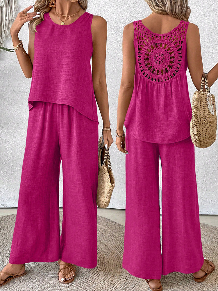 Women's Casual Hollow Lace Tank Top and Wide-Leg Pants Set