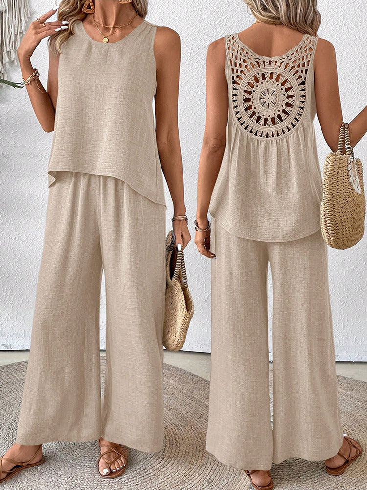 Women's Casual Hollow Lace Tank Top and Wide-Leg Pants Set