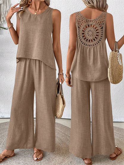 Women's Casual Hollow Lace Tank Top and Wide-Leg Pants Set