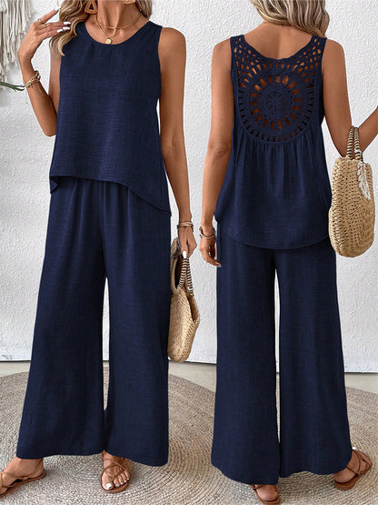 Women's Casual Hollow Lace Tank Top and Wide-Leg Pants Set