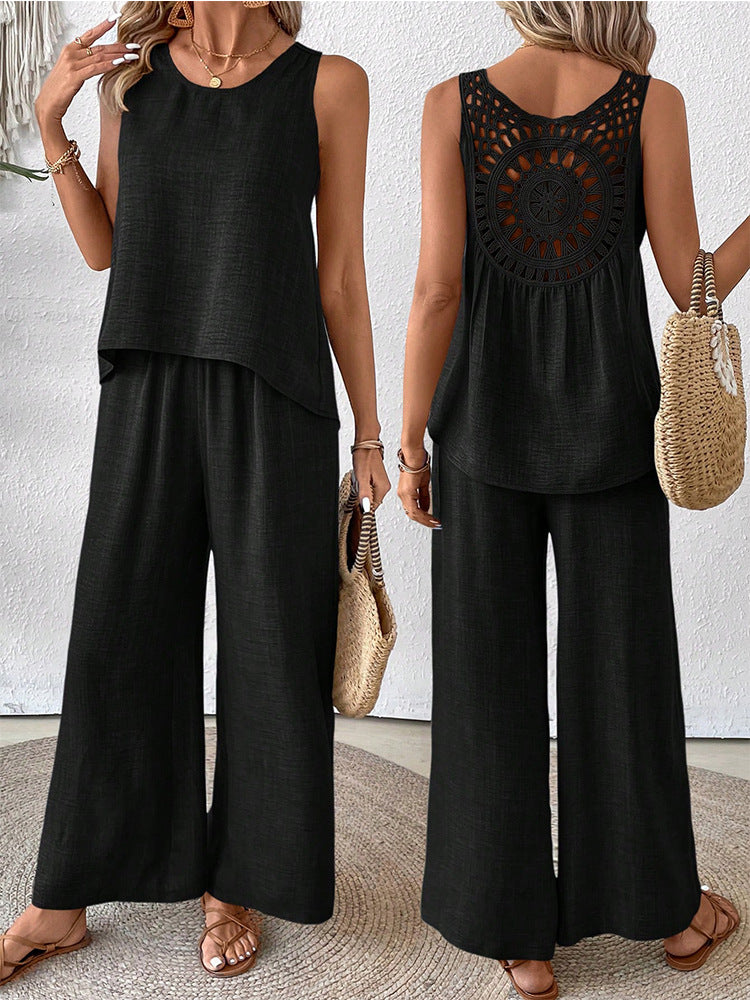 Women's Casual Hollow Lace Tank Top and Wide-Leg Pants Set