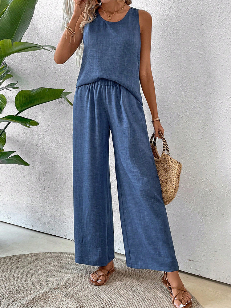 Women's Casual Hollow Lace Tank Top and Wide-Leg Pants Set
