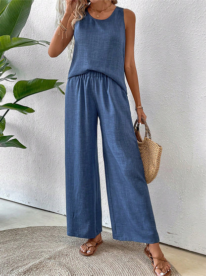 Women's Casual Hollow Lace Tank Top and Wide-Leg Pants Set
