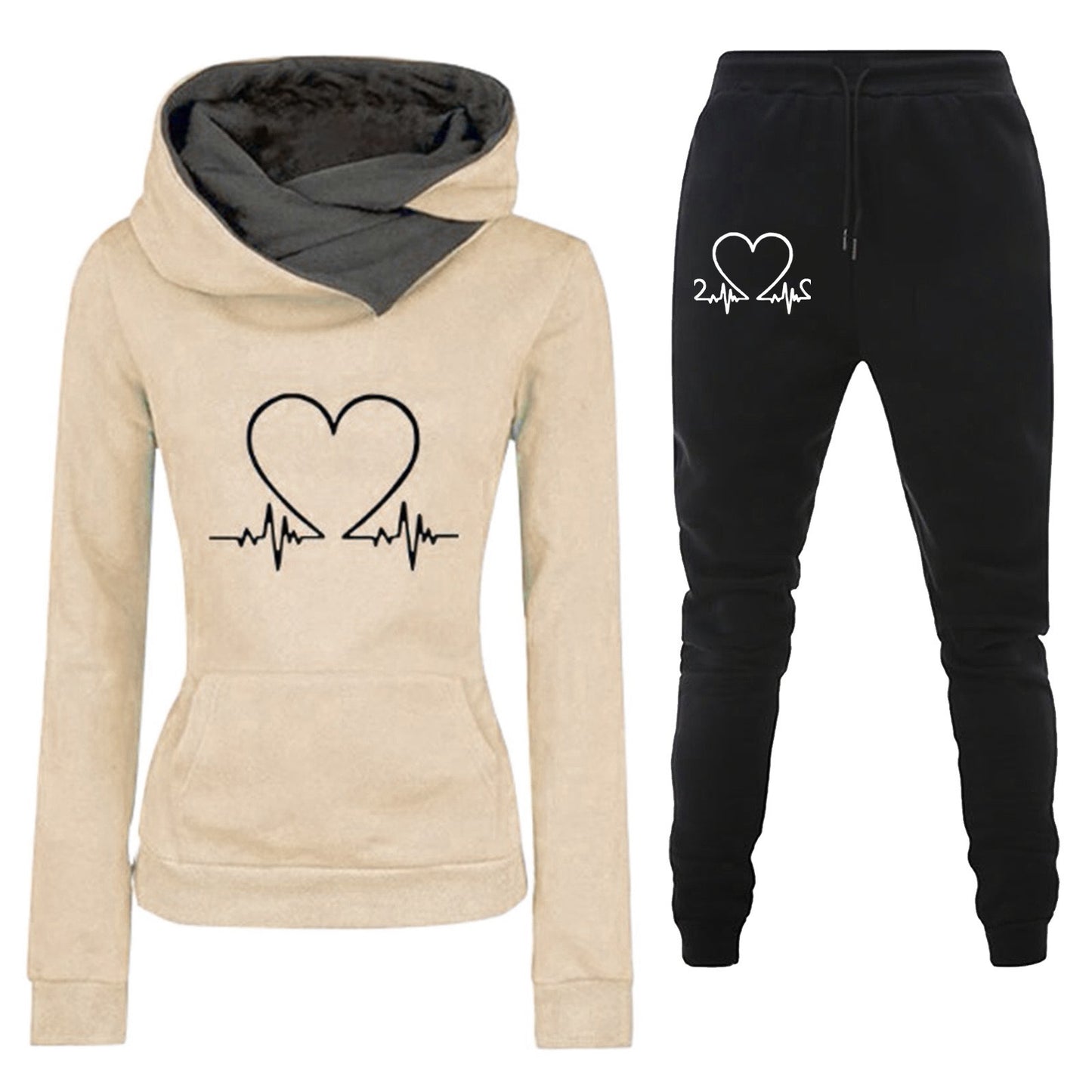 Women's Casual Hoodie Suit with Heartbeat Print