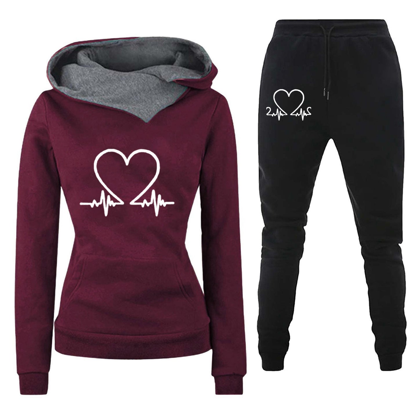 Women's Casual Hoodie Suit with Heartbeat Print