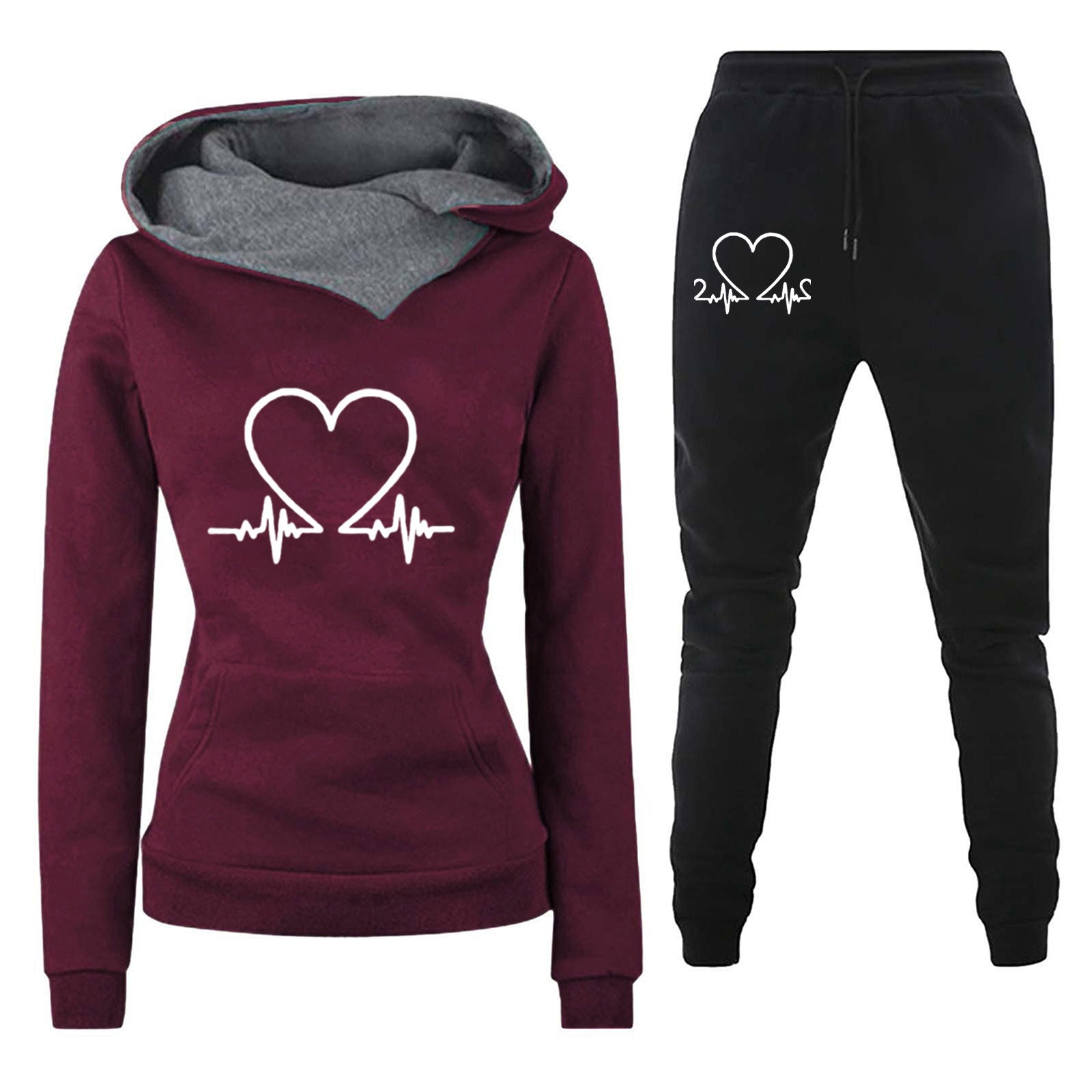 Women's Casual Hoodie Suit with Heartbeat Print