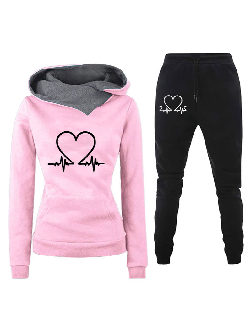 Women's Casual Hoodie Suit with Heartbeat Print