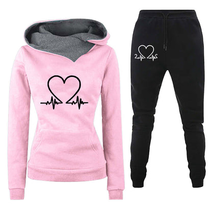 Women's Casual Hoodie Suit with Heartbeat Print