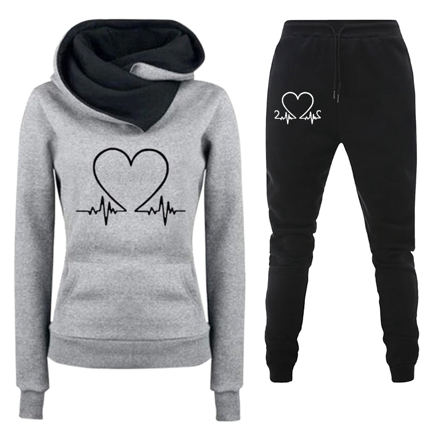 Women's Casual Hoodie Suit with Heartbeat Print