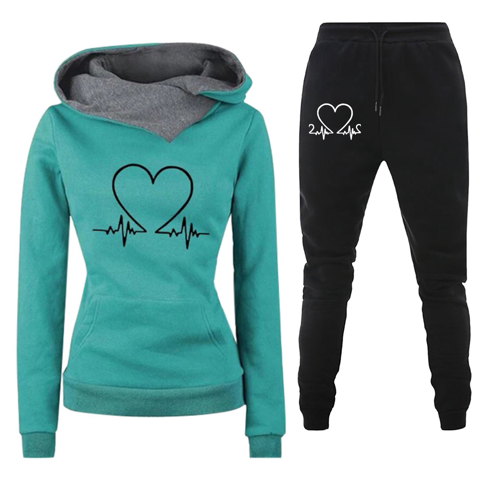 Women's Casual Hoodie Suit with Heartbeat Print