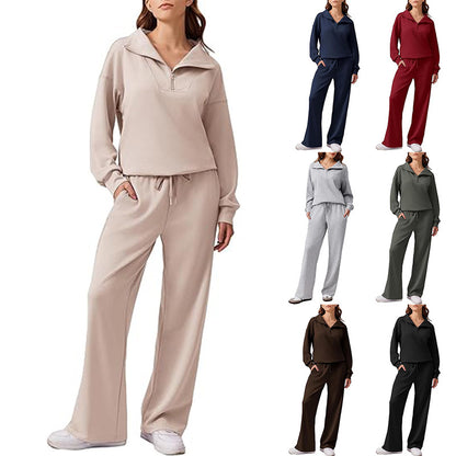 Women's Casual Long Sleeve Lapel Top and Wide Leg Pants Set