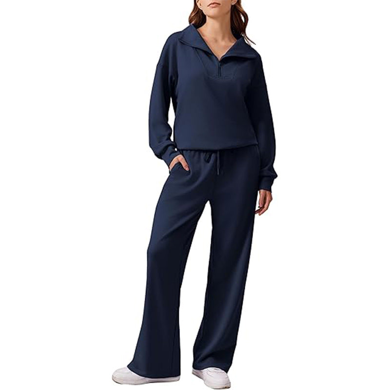 Women's Casual Long Sleeve Lapel Top and Wide Leg Pants Set