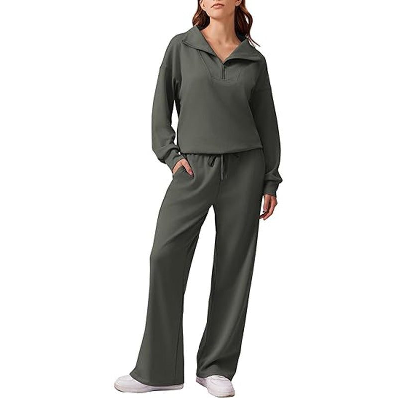 Women's Casual Long Sleeve Lapel Top and Wide Leg Pants Set