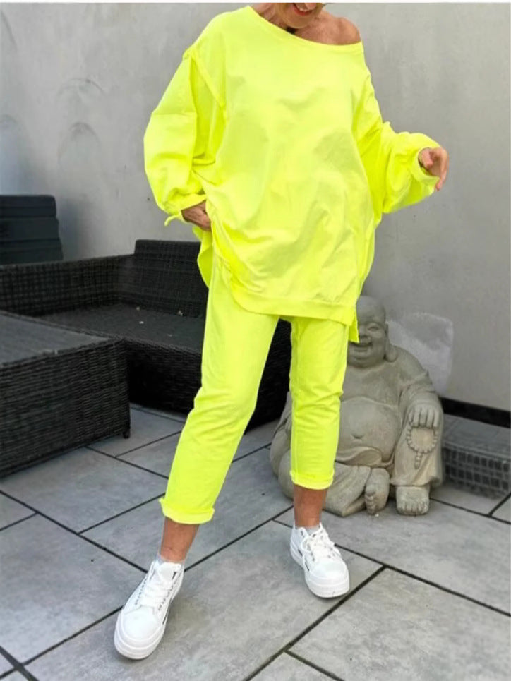 Women's Casual Long Sleeve Round Neck Top and Sports Pants Two-Piece Set