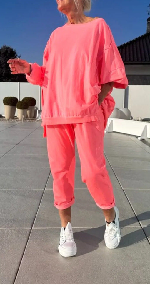 Women's Casual Long Sleeve Round Neck Top and Sports Pants Two-Piece Set