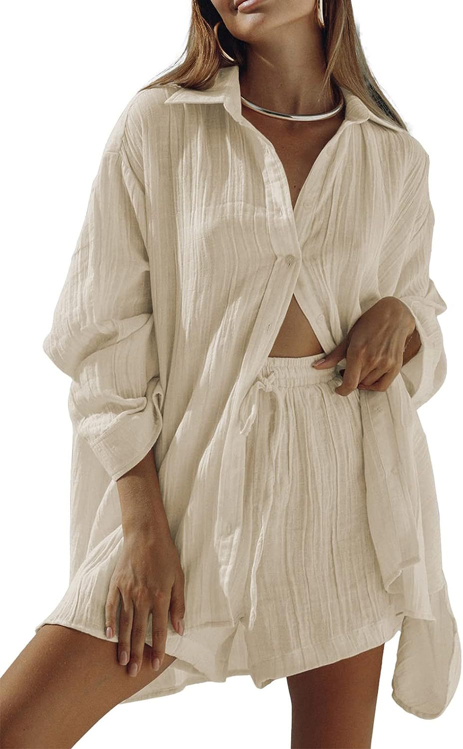 Women's Casual Long Sleeve Shirt and Shorts Two-Piece