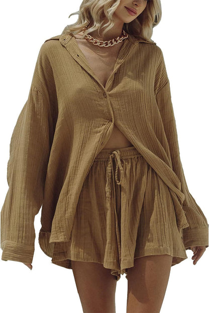 Women's Casual Long Sleeve Shirt and Shorts Two-Piece