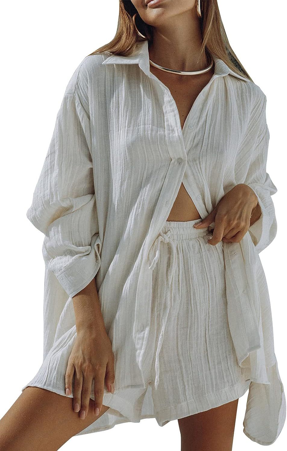 Women's Casual Long Sleeve Shirt and Shorts Two-Piece