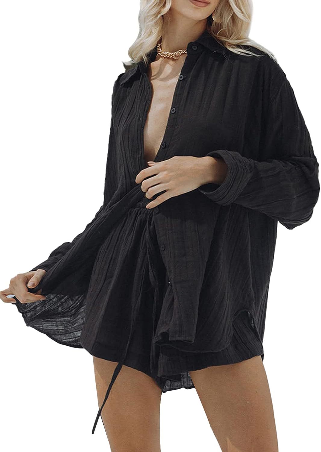 Women's Casual Long Sleeve Shirt and Shorts Two-Piece