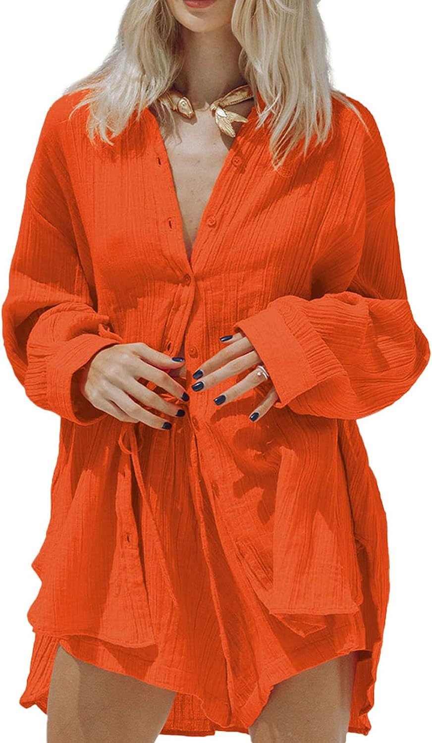 Women's Casual Long Sleeve Shirt and Shorts Two-Piece