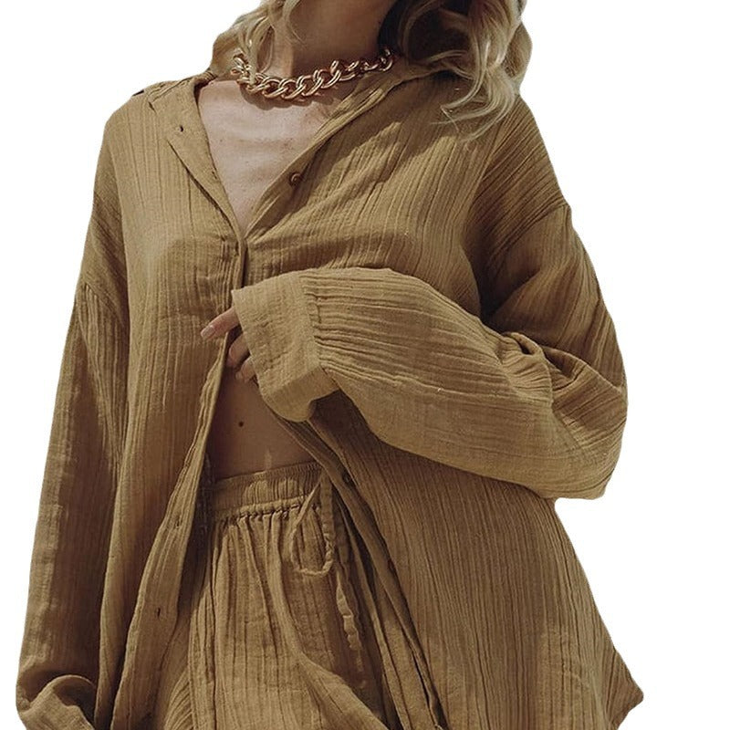 Women's Casual Long Sleeve Shirt and Shorts Two-Piece