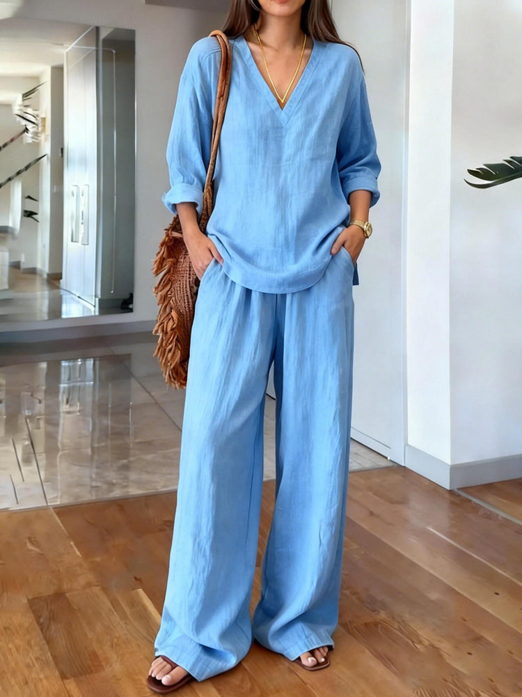 Women's Casual Long Sleeve V-Neck Cotton Set