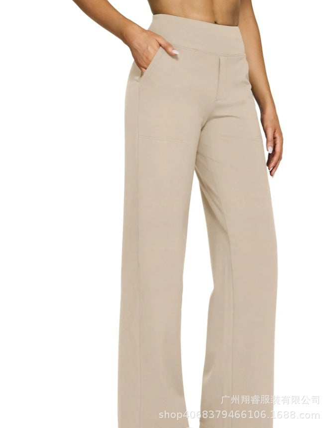Women's Casual Loose Pocket Knitted Straight High Waist Trousers