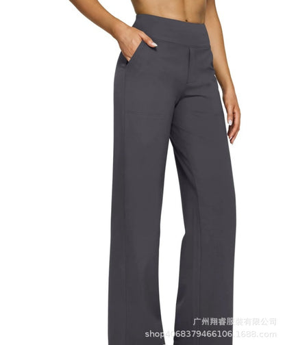 Women's Casual Loose Pocket Knitted Straight High Waist Trousers