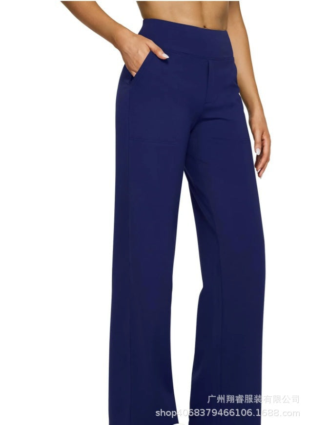 Women's Casual Loose Pocket Knitted Straight High Waist Trousers