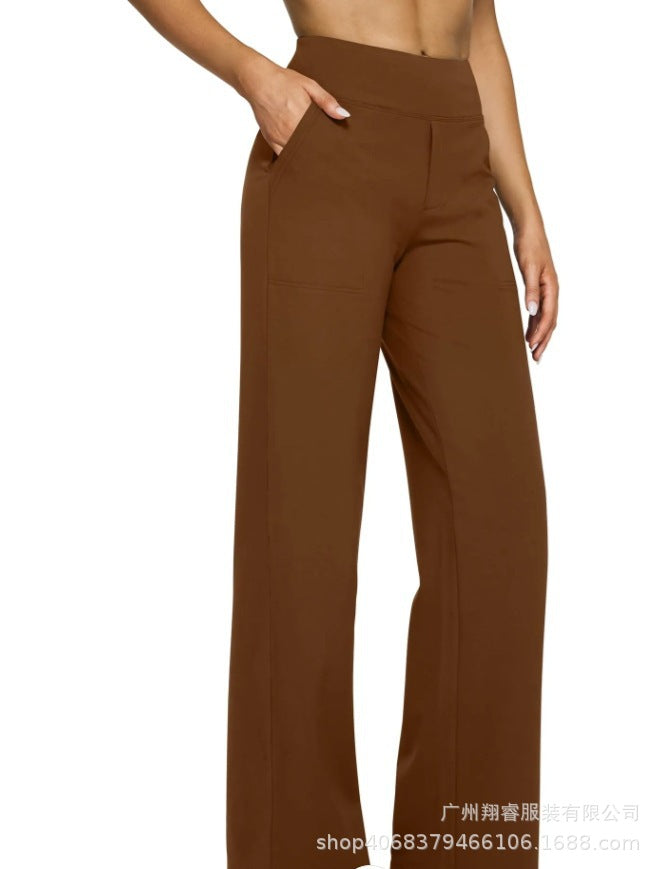 Women's Casual Loose Pocket Knitted Straight High Waist Trousers