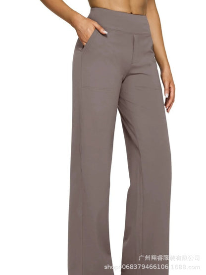 Women's Casual Loose Pocket Knitted Straight High Waist Trousers