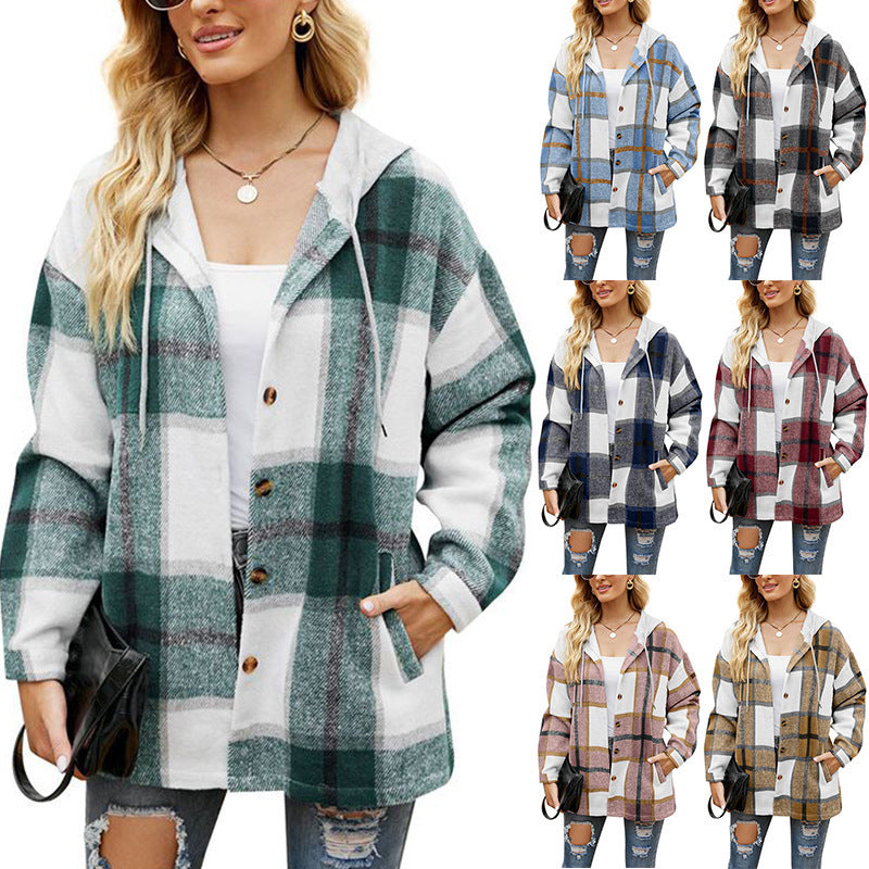 Women's Casual Plaid Hooded Shirt Jacket