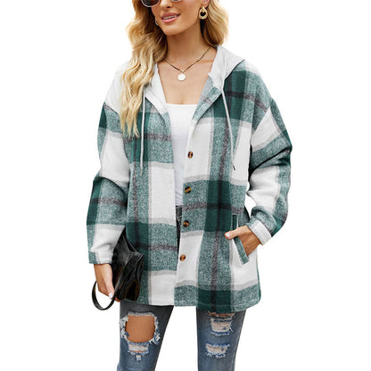 Women's Casual Plaid Hooded Shirt Jacket