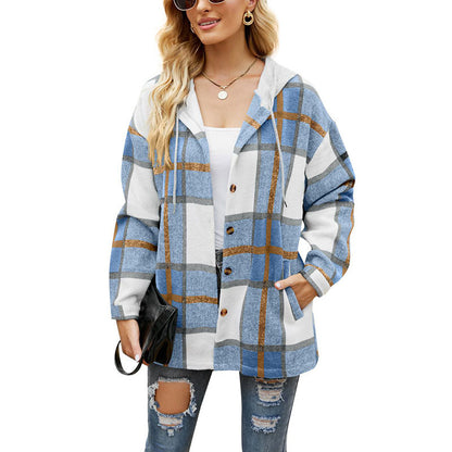 Women's Casual Plaid Hooded Shirt Jacket